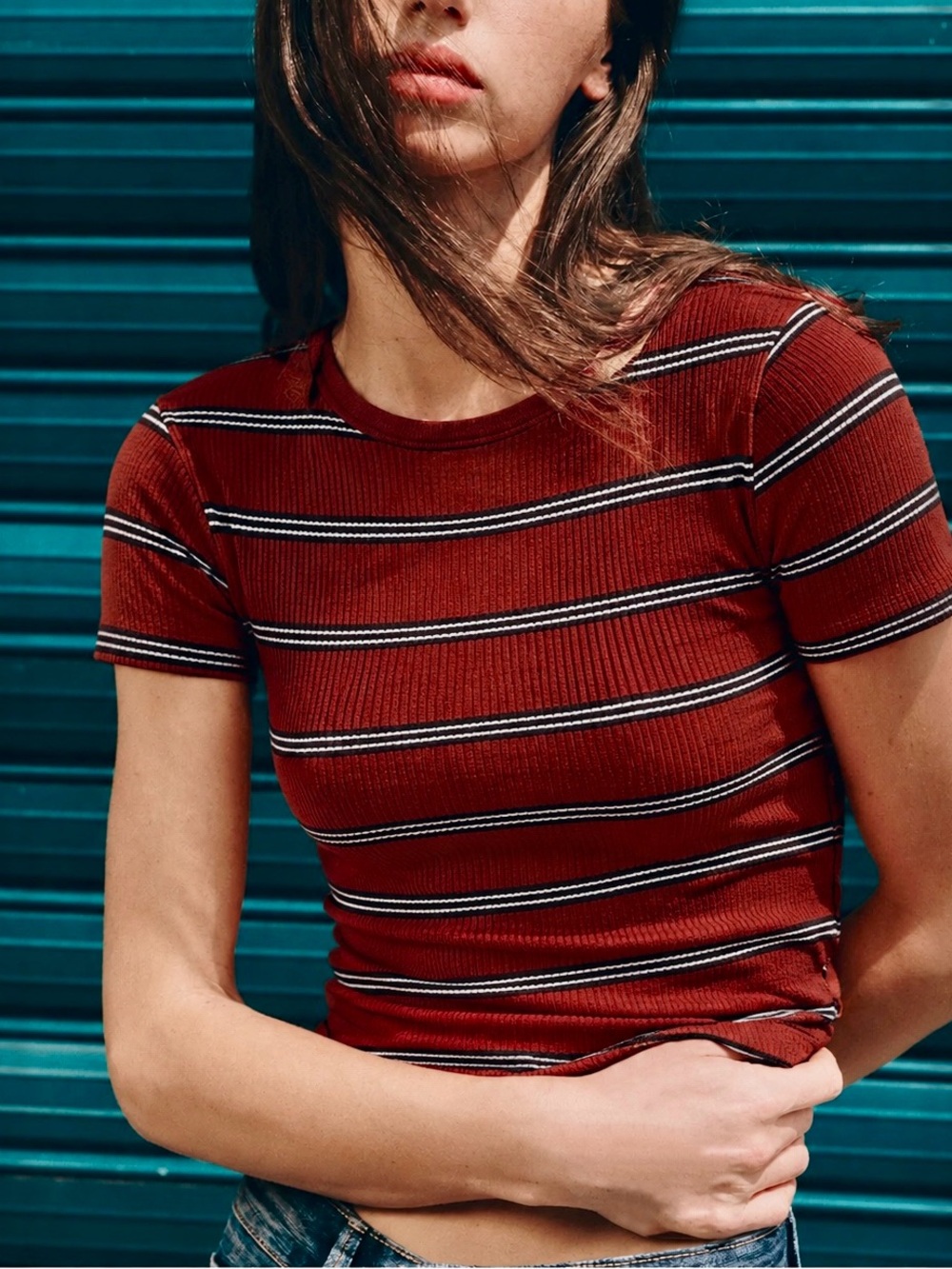 H&M Women's Red/Rust Ribbed Stripe Short-Sleeve Top {Small}
